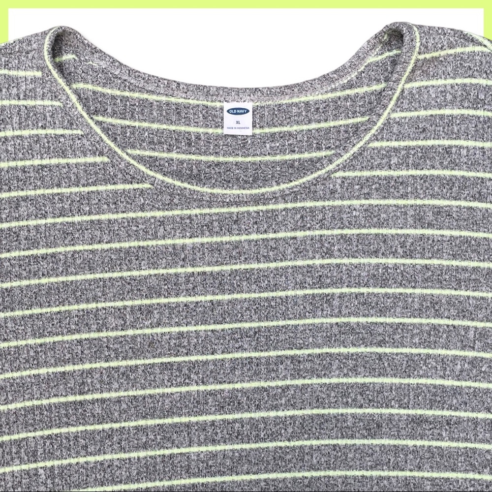 Flowy Soft Gray Long Sleeved Knit Neon Green Striped Shirt - Picture 3 of 7